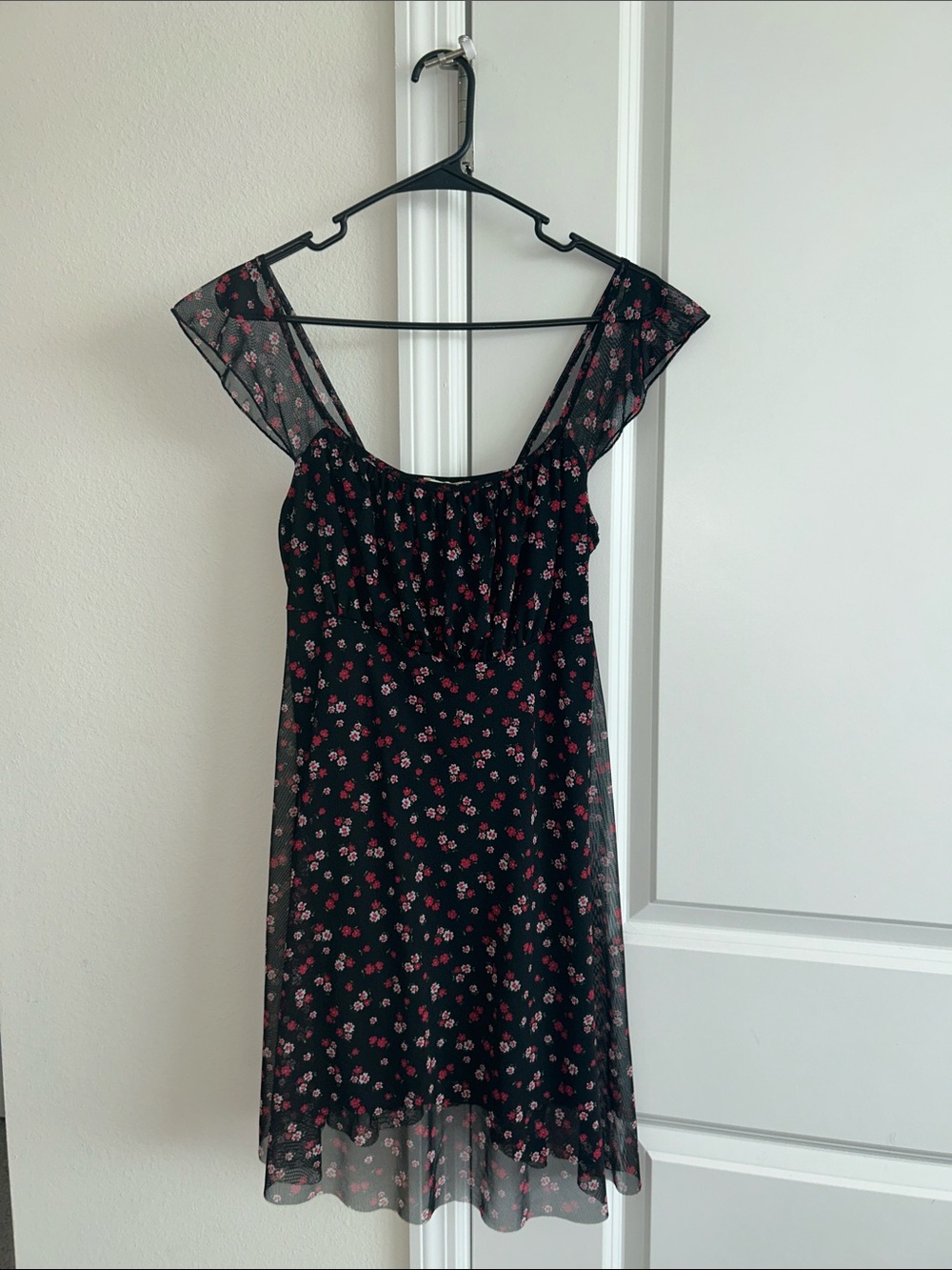 See You Monday Black Dress with Pink Floral Mesh Overlay - Picture 4 of 7
